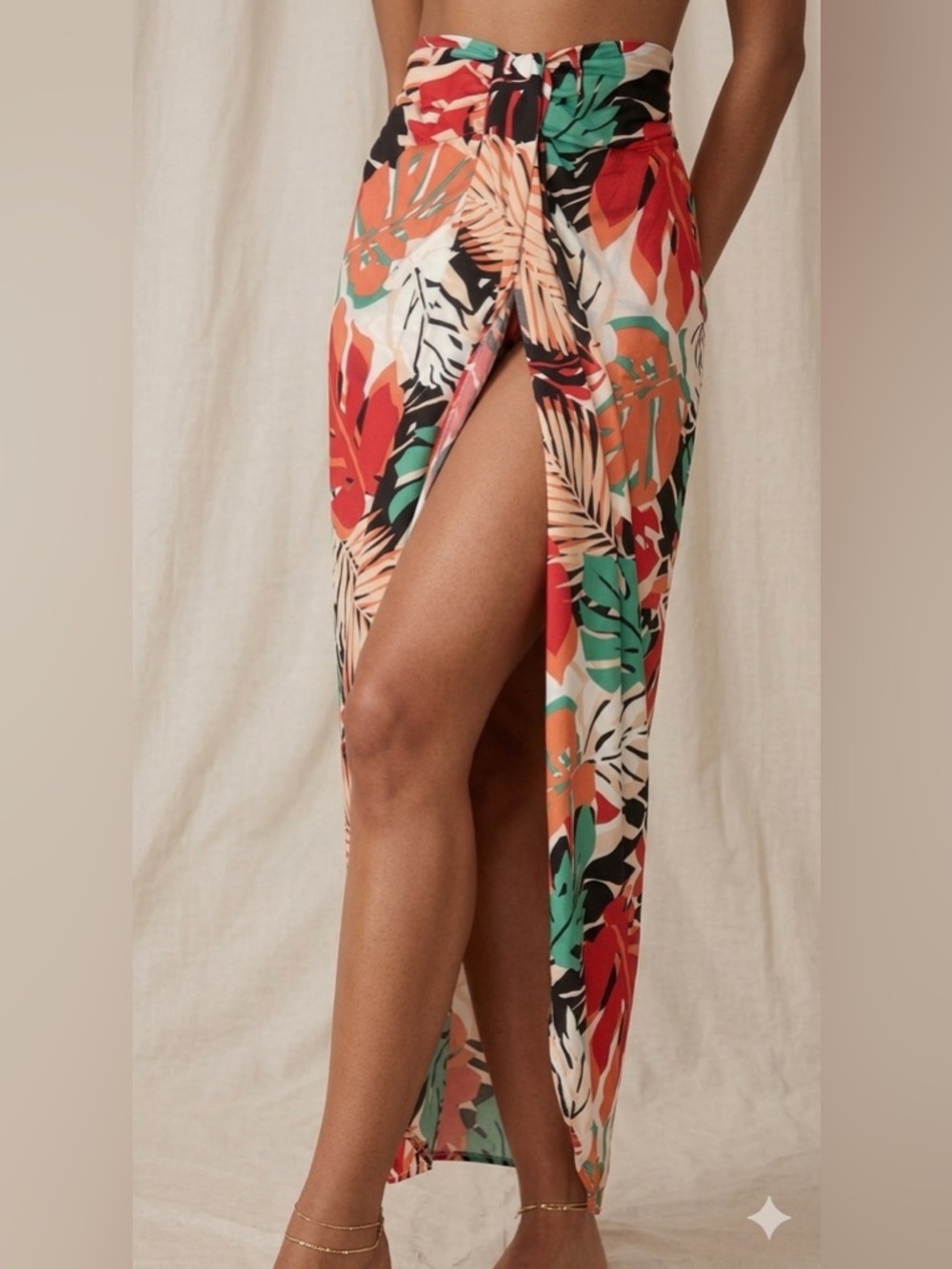Fashion Nova Tropical Tie-Waist Sarong in Red, Green & Peach